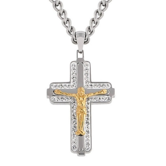 Men’s Two Tone Stainless Steel Crystal Accent Crucifix Pendant - Picture 1 of 4